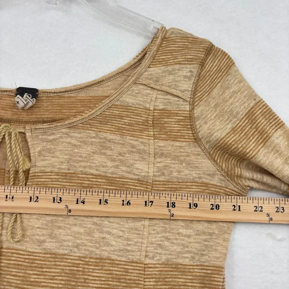 Free‎ People Blouse Size XS Tan Stripe Flare Sleeve Stretch Knit Oversized Boho